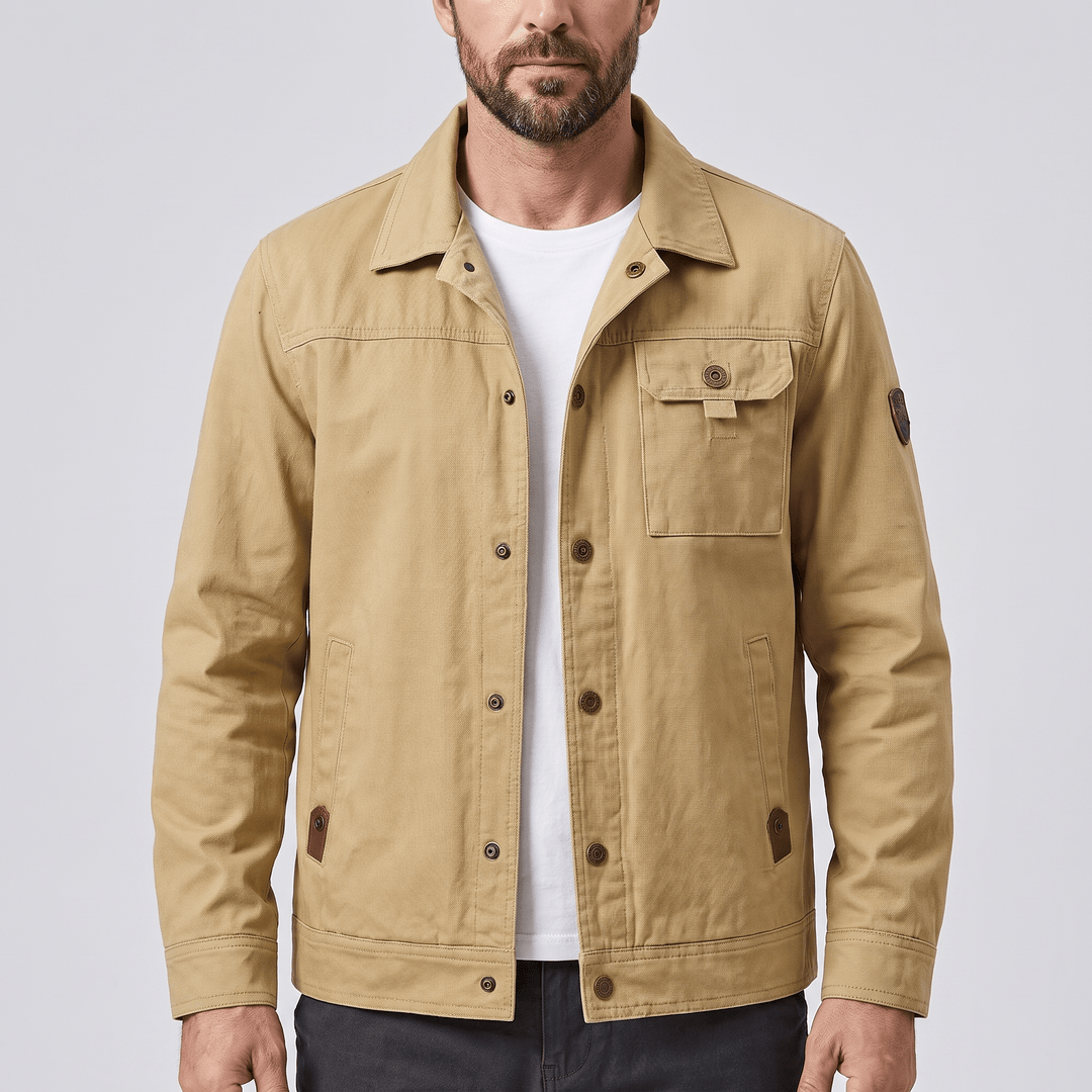 Men's utility jacket in tan with snap front and two chest pockets