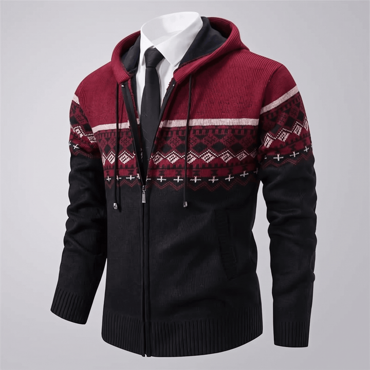 Hooded knit zip jacket, black base with burgundy and geometric stripe pattern