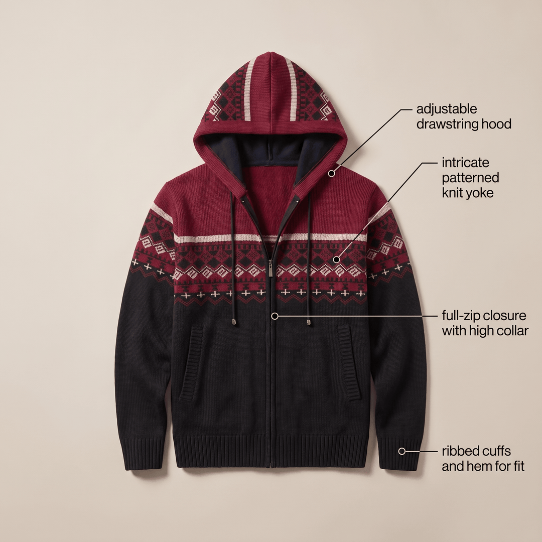 Hooded knit zip jacket, burgundy hood with black geometric yoke