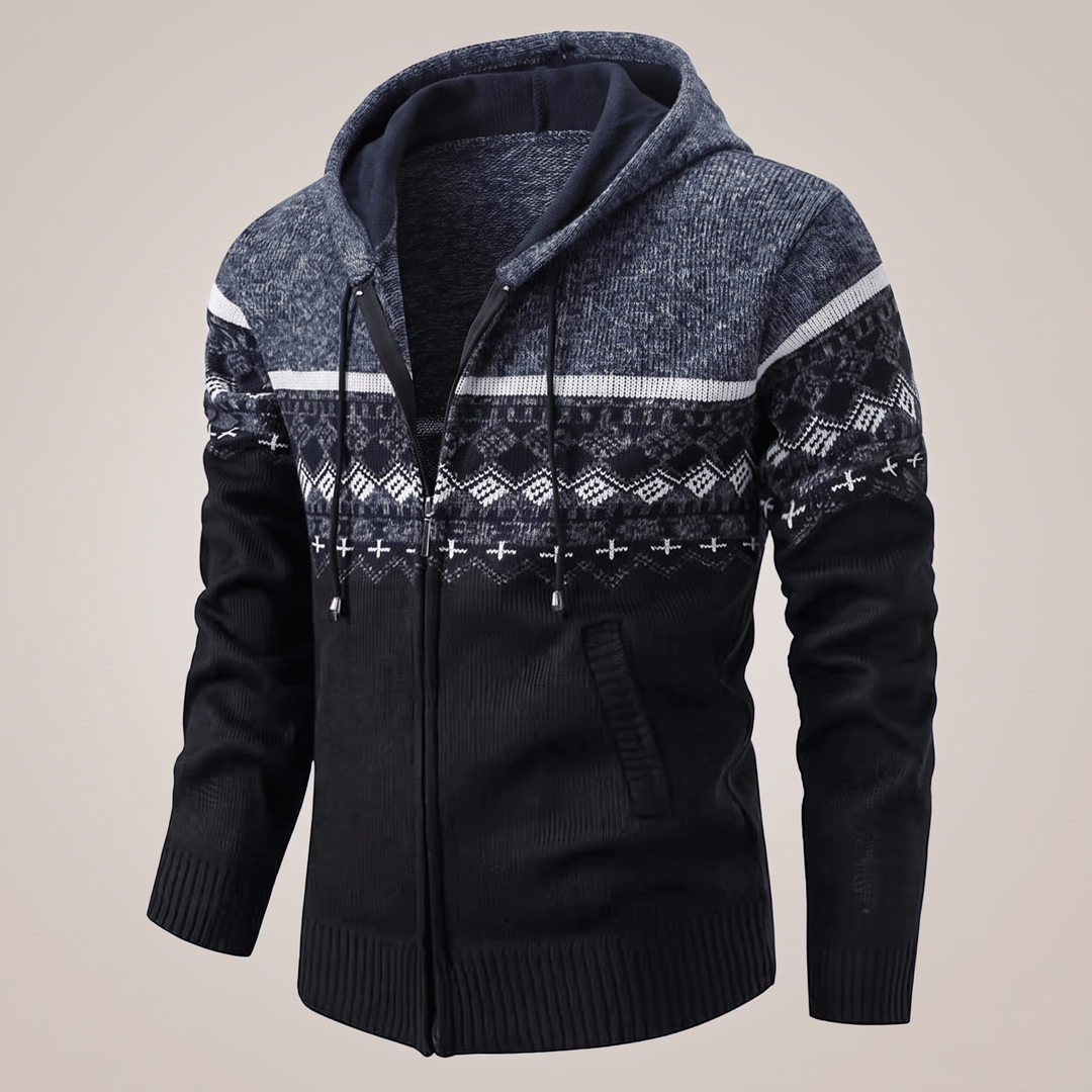 Hooded knit zip jacket, dark navy and black with white geometric yoke