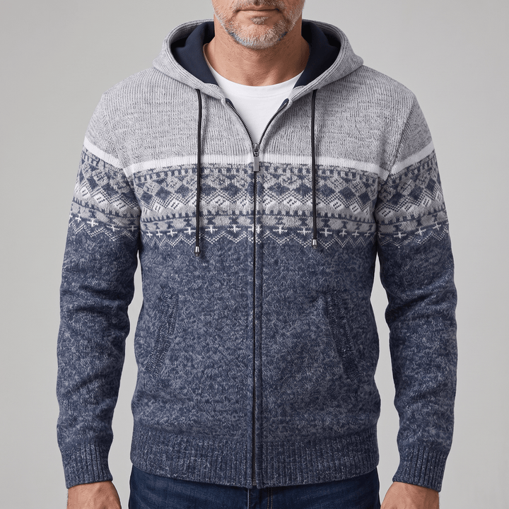 Hooded knit zip jacket, blue/gray geometric yoke pattern