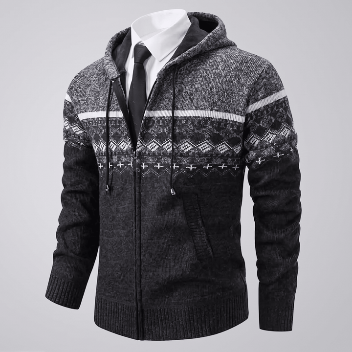 Hooded knit zip jacket, charcoal gray with black-and-white geometric yoke