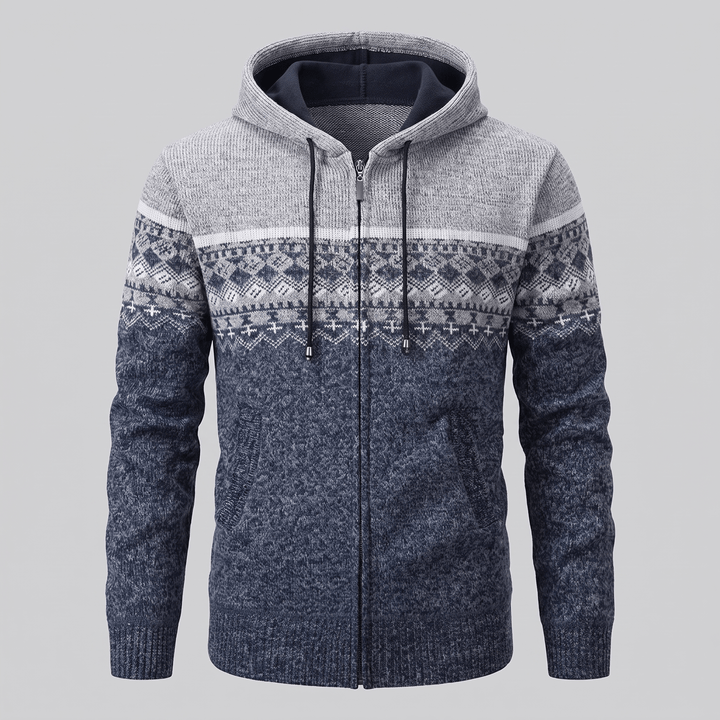 Hooded knit zip jacket, light gray and blue with blue geometric yoke