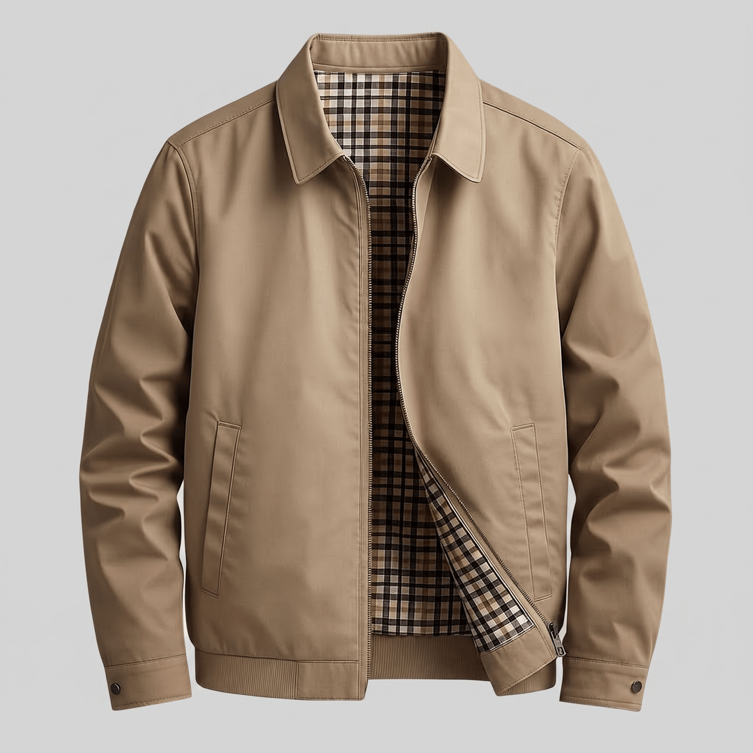 Light khaki utility jacket open front showing checked plaid lining and zipper
