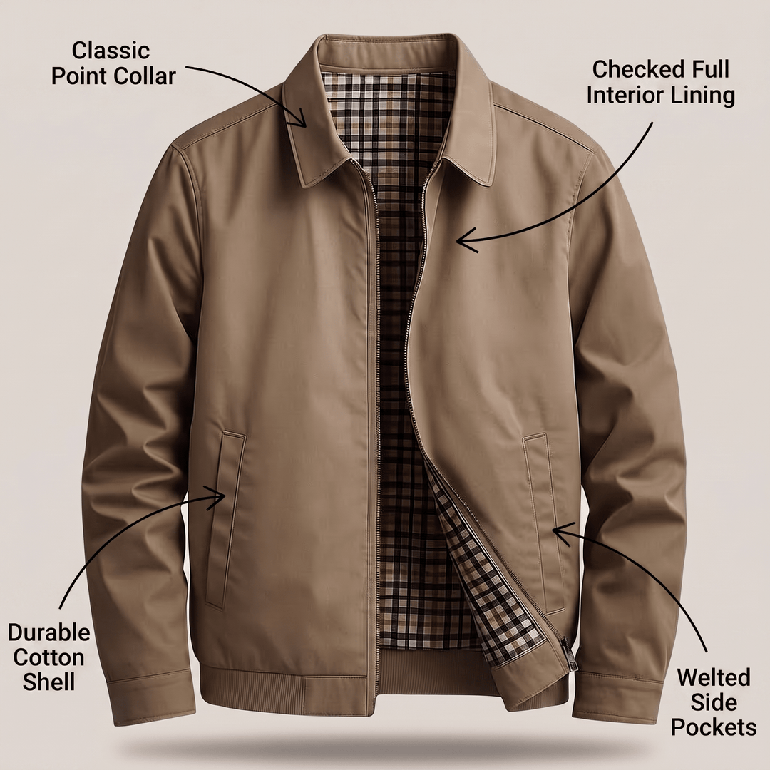 Light khaki utility jacket cutaway view with plaid lining and welt side pockets