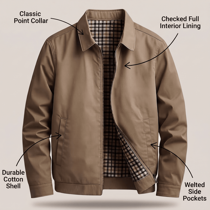 Light khaki utility jacket cutaway view with plaid lining and welt side pockets