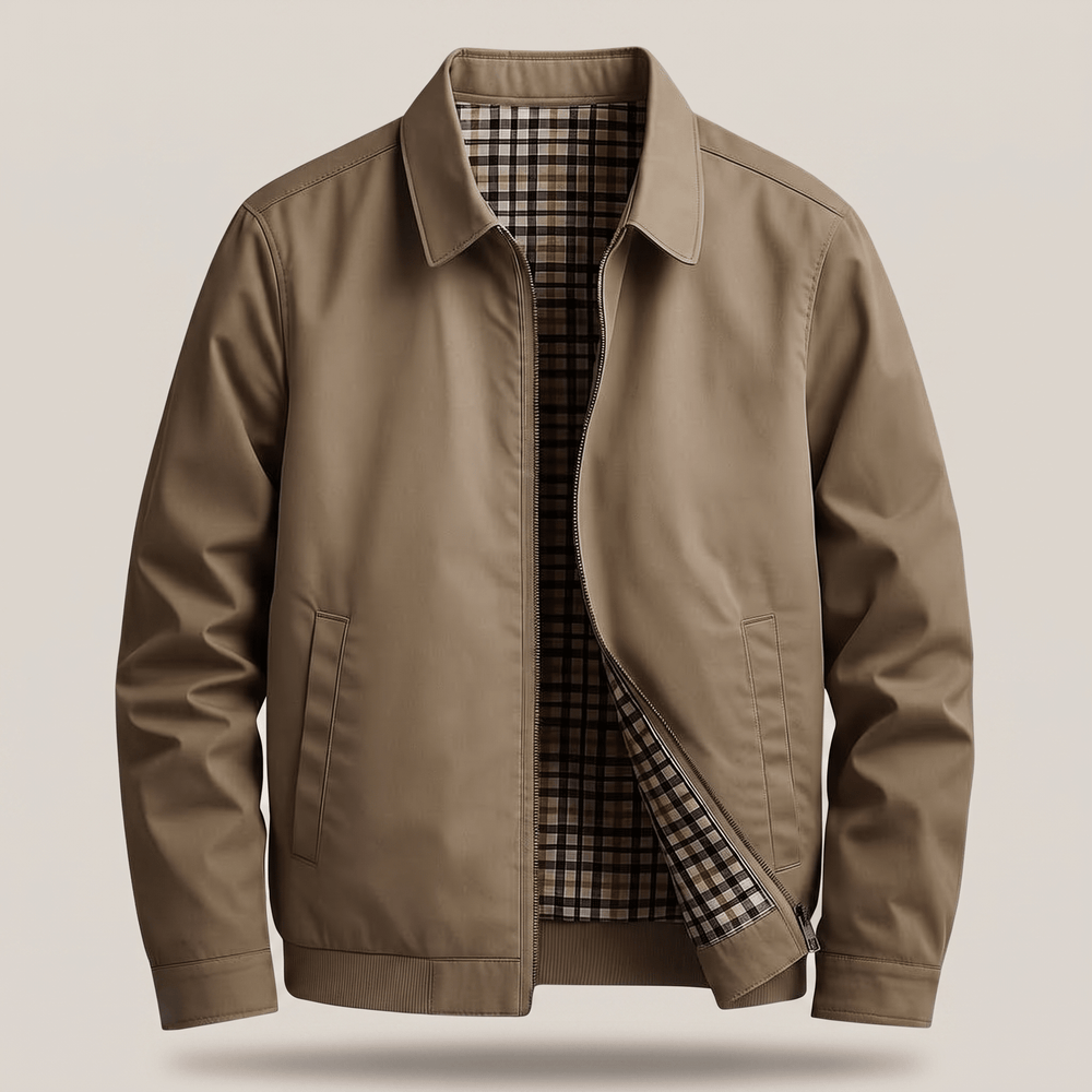 Light khaki utility jacket open front with checked plaid lining and zip pocket