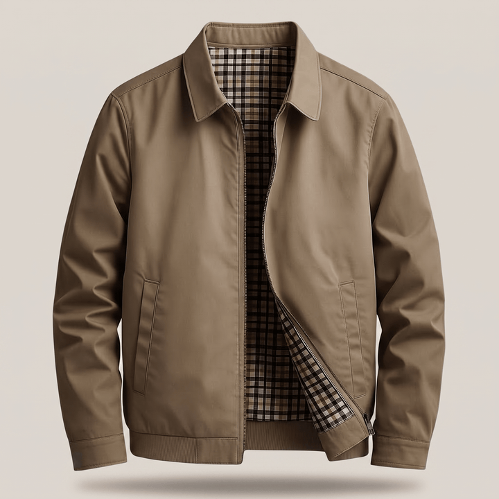 Light khaki utility jacket open front with checked plaid lining and zip pocket