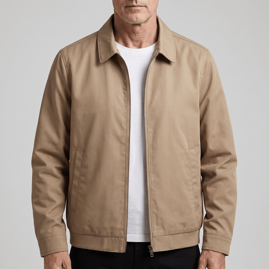 Light khaki utility jacket with point collar and full-length zipper