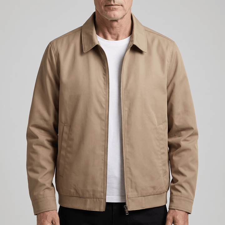 Light khaki utility jacket with point collar and full-length zipper
