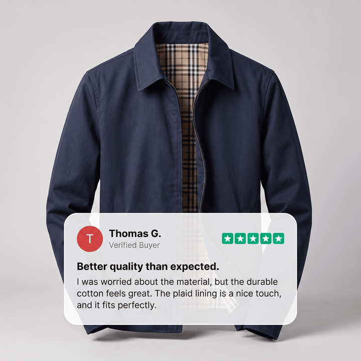 Navy utility jacket with point collar, full zipper, and plaid interior lining