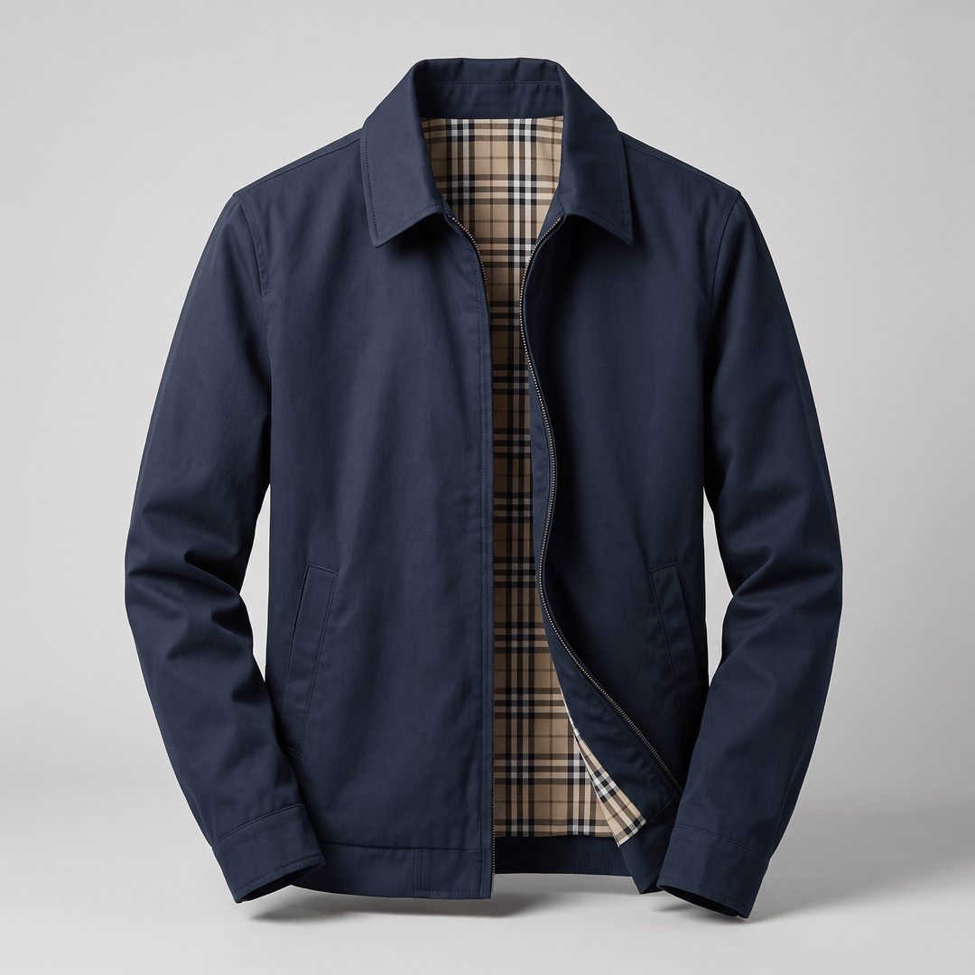 Navy utility jacket with point collar and full-length zipper; plaid interior lining