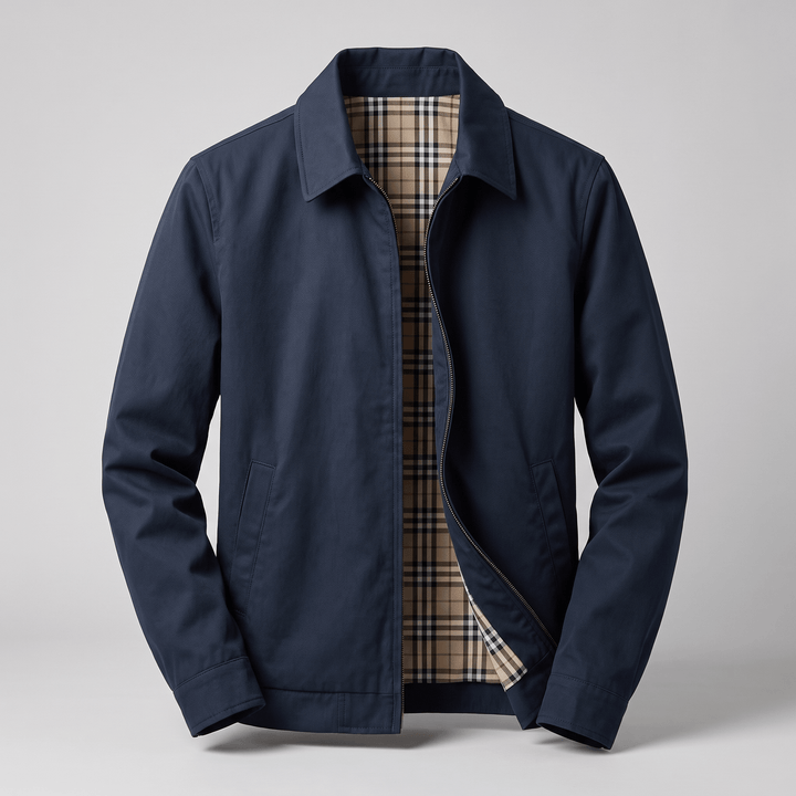 Navy utility jacket with point collar and full-length zipper; plaid interior lining