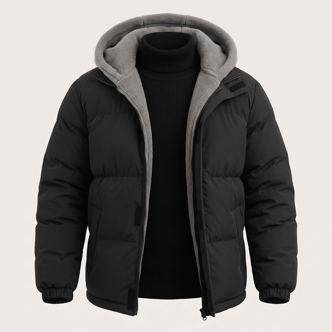 Black hooded puffer jacket with zip front and fleece-lined hood