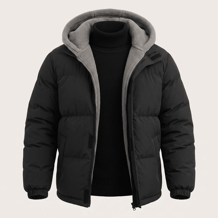 Black hooded puffer jacket with zip front and fleece-lined hood