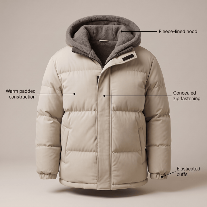 Cream puffer winter jacket with fleece-lined hood, concealed zip and elastic cuffs
