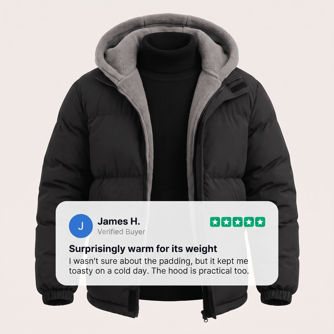 Black puffer winter jacket with hood, zip front and ribbed cuffs