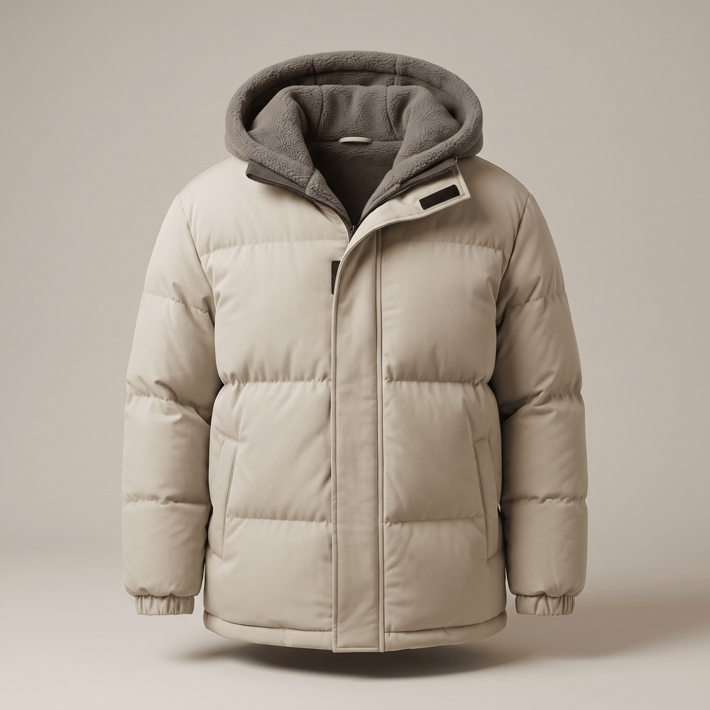 Cream padded winter jacket with hood and full-zip front, elastic cuffs