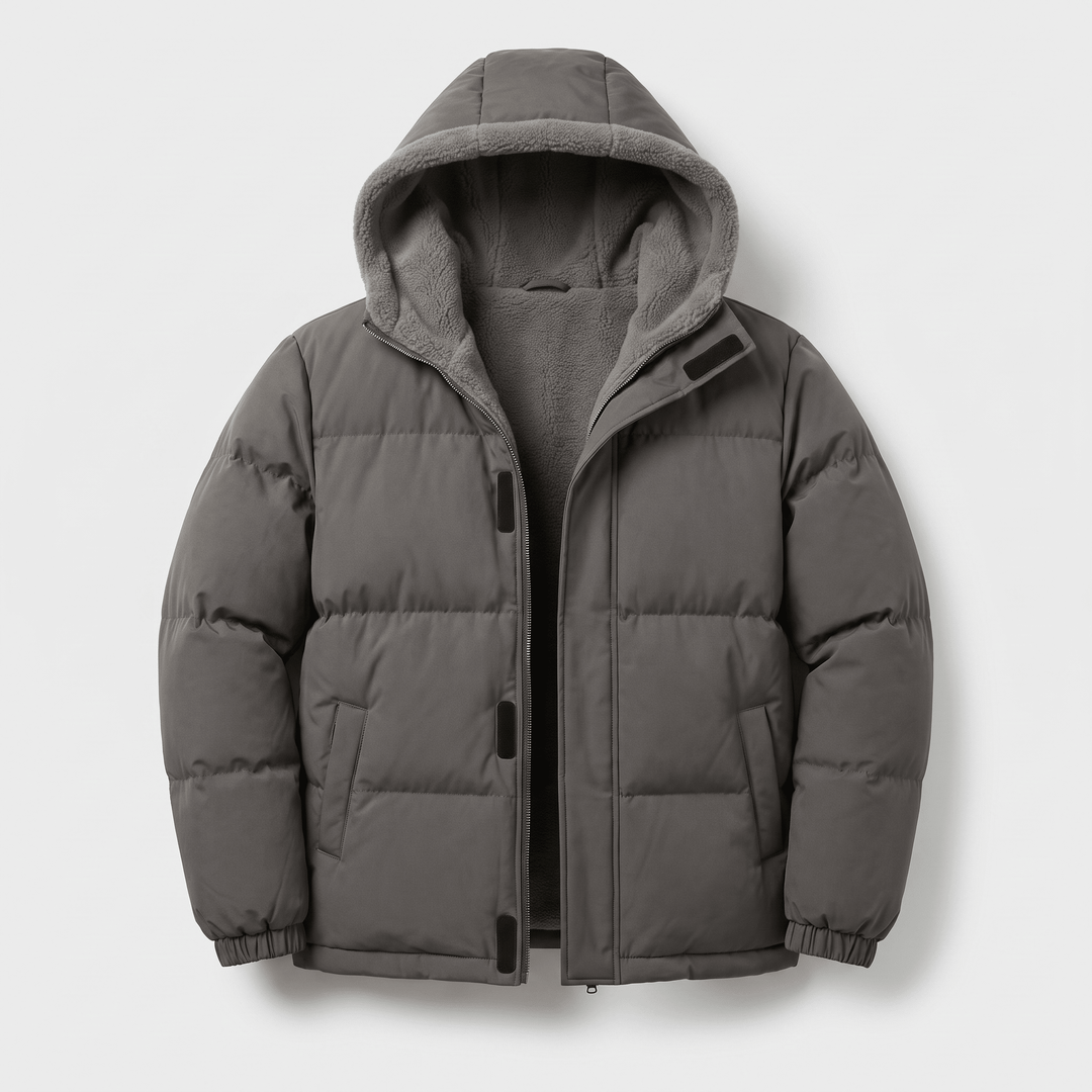 Dark grey hooded puffer jacket with zip front and ribbed cuffs