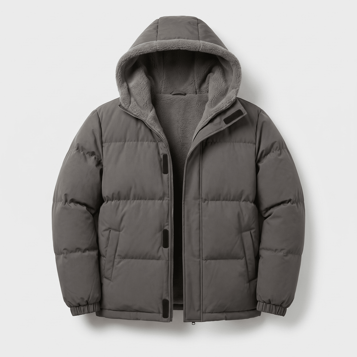 Dark grey hooded puffer jacket with zip front and ribbed cuffs