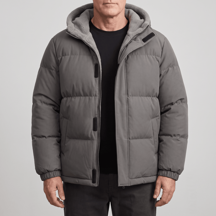 Dark grey padded winter jacket with hood, full-zip front and ribbed cuffs