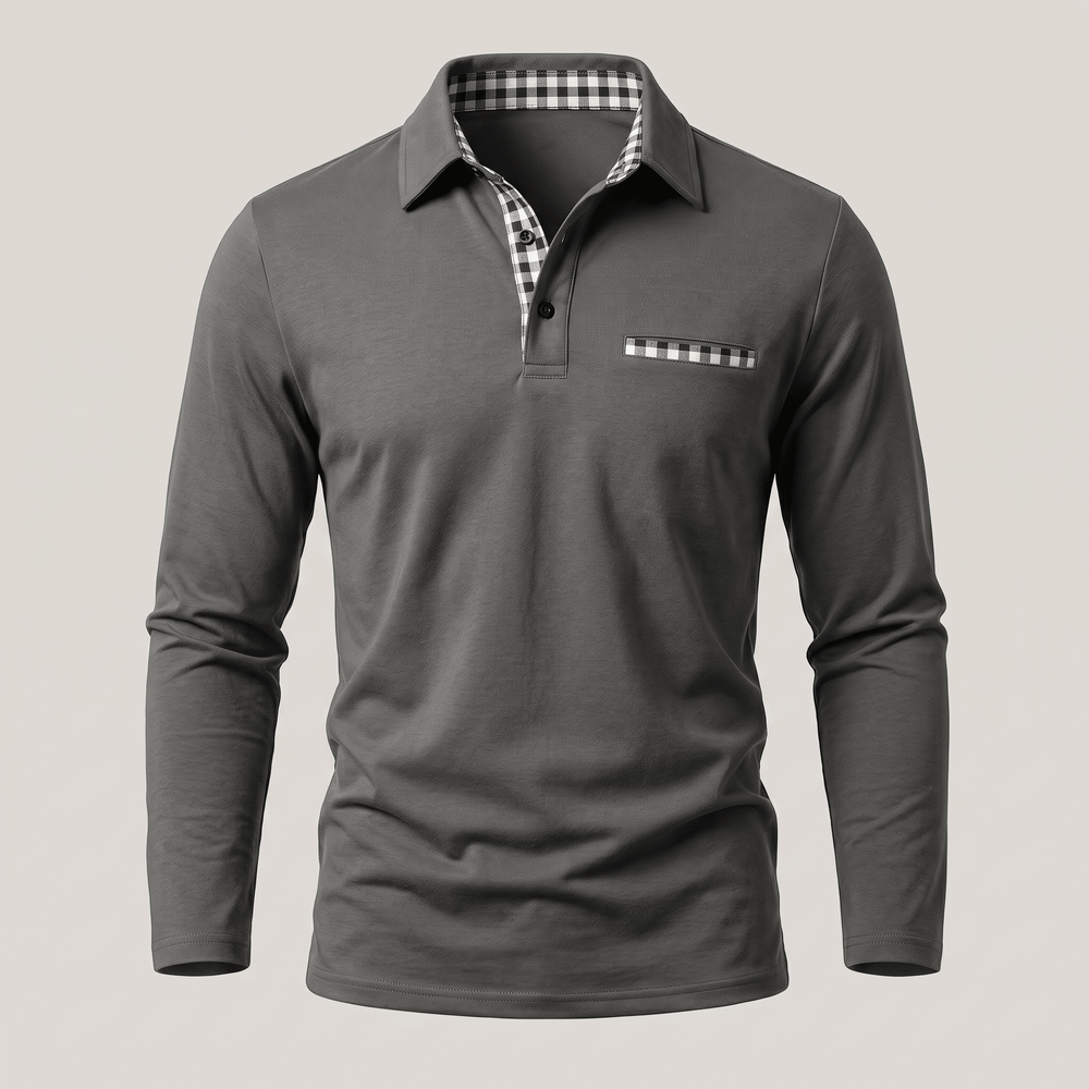 Calverton long-sleeve polo in dark grey with checked collar lining and chest pocket accent