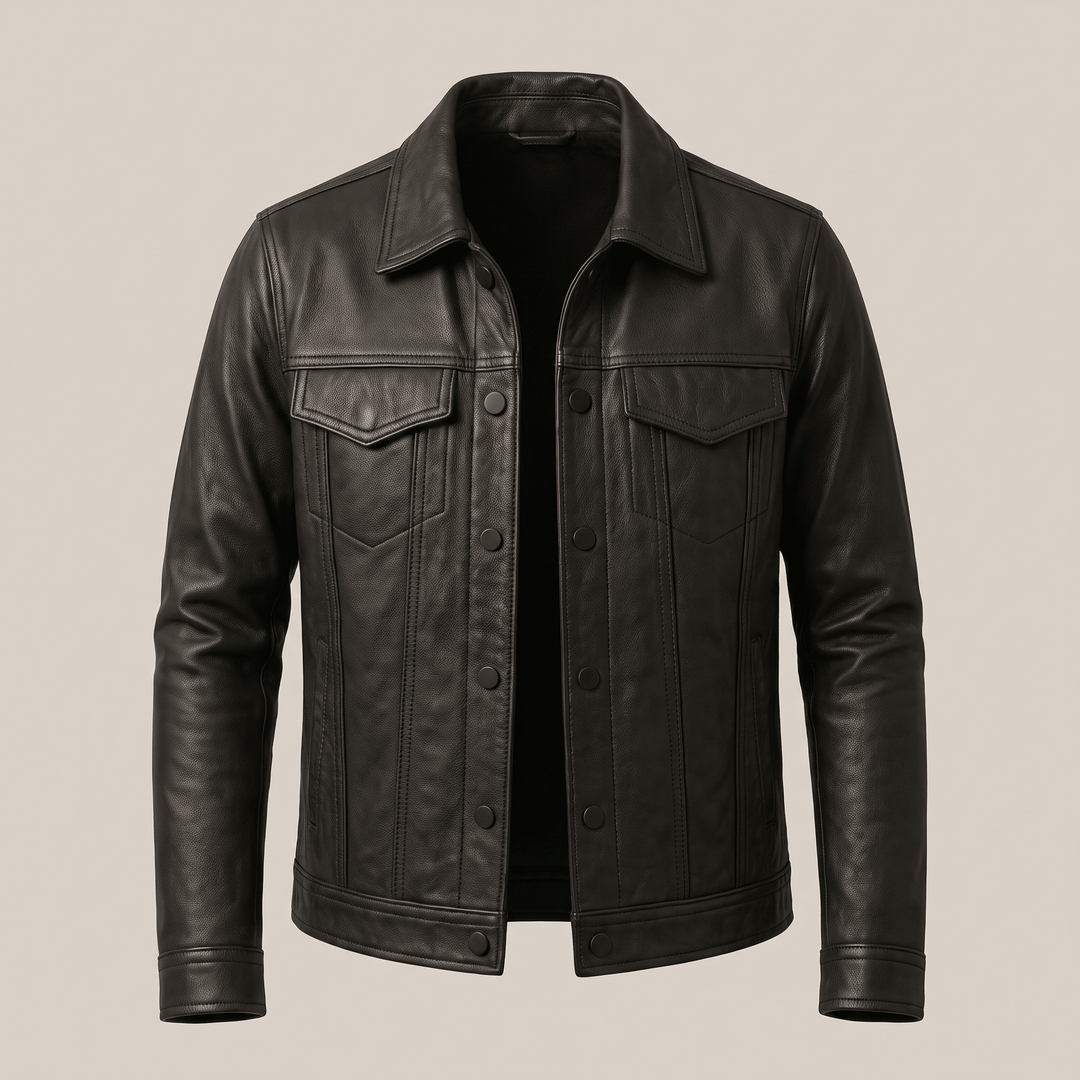 Dark grey leather jacket with stand collar and chest flap pockets