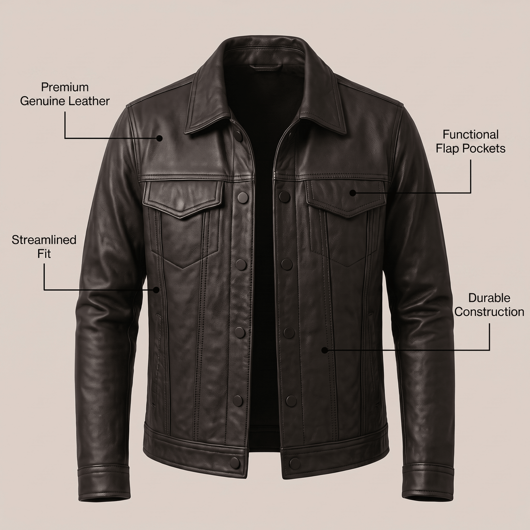 Dark grey leather jacket front view with button placket and chest flap pockets