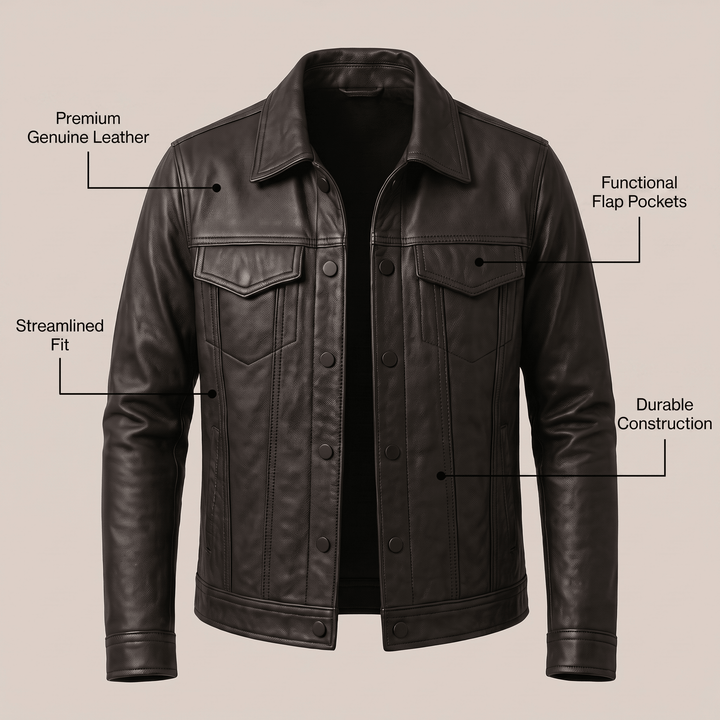 Dark grey leather jacket front view with button placket and chest flap pockets