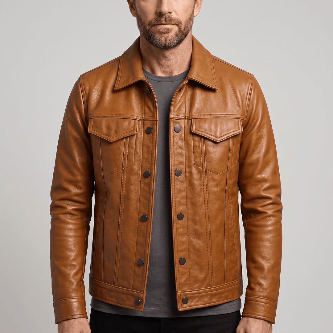 Brown leather jacket with button front and two chest flap pockets
