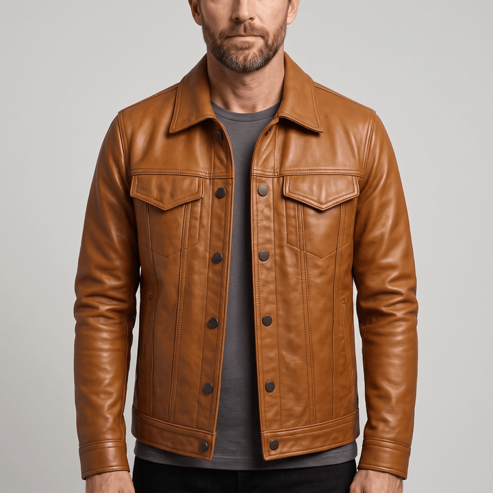 Brown leather jacket with button front and two chest flap pockets