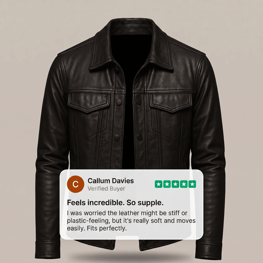 Black leather jacket with stand collar and two chest flap pockets
