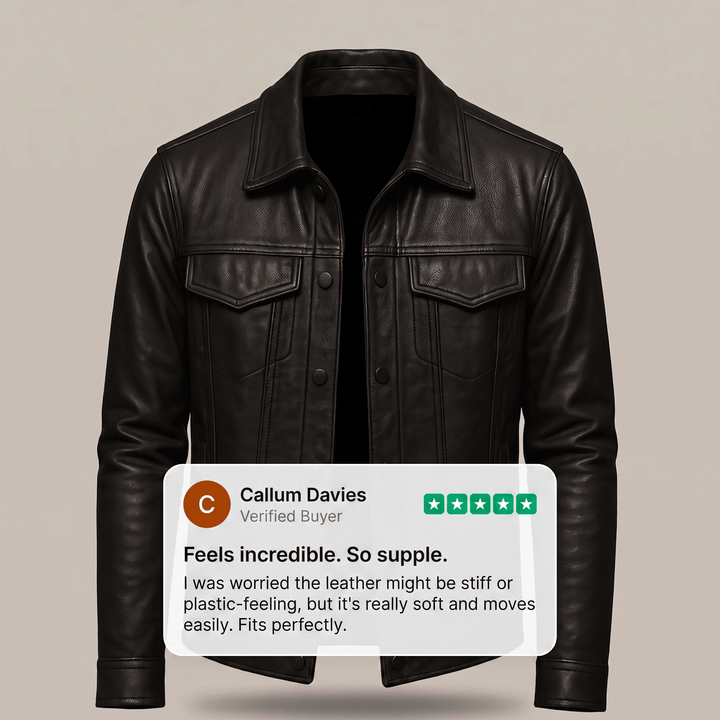 Black leather jacket with stand collar and two chest flap pockets