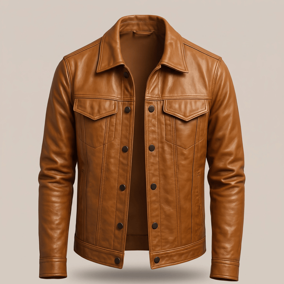 Light brown leather jacket with button-up front and chest flap pockets