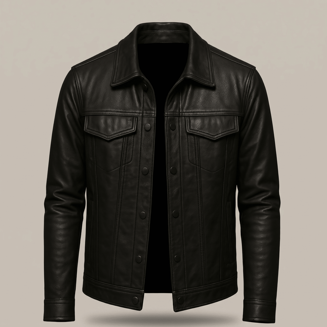 Black leather jacket with stand collar and button-front chest flap pockets