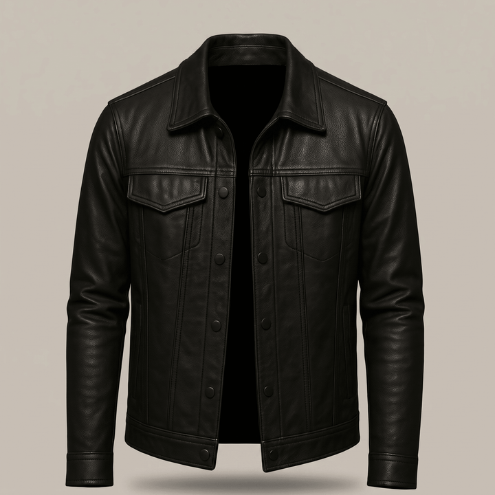 Black leather jacket with stand collar and button-front chest flap pockets