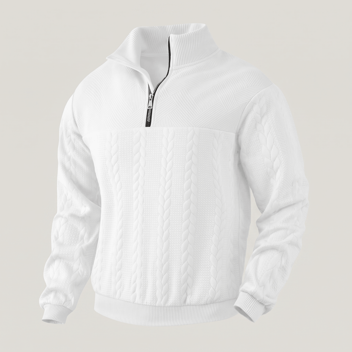 White quarter-zip cable knit sweatshirt with ribbed cuffs and hem