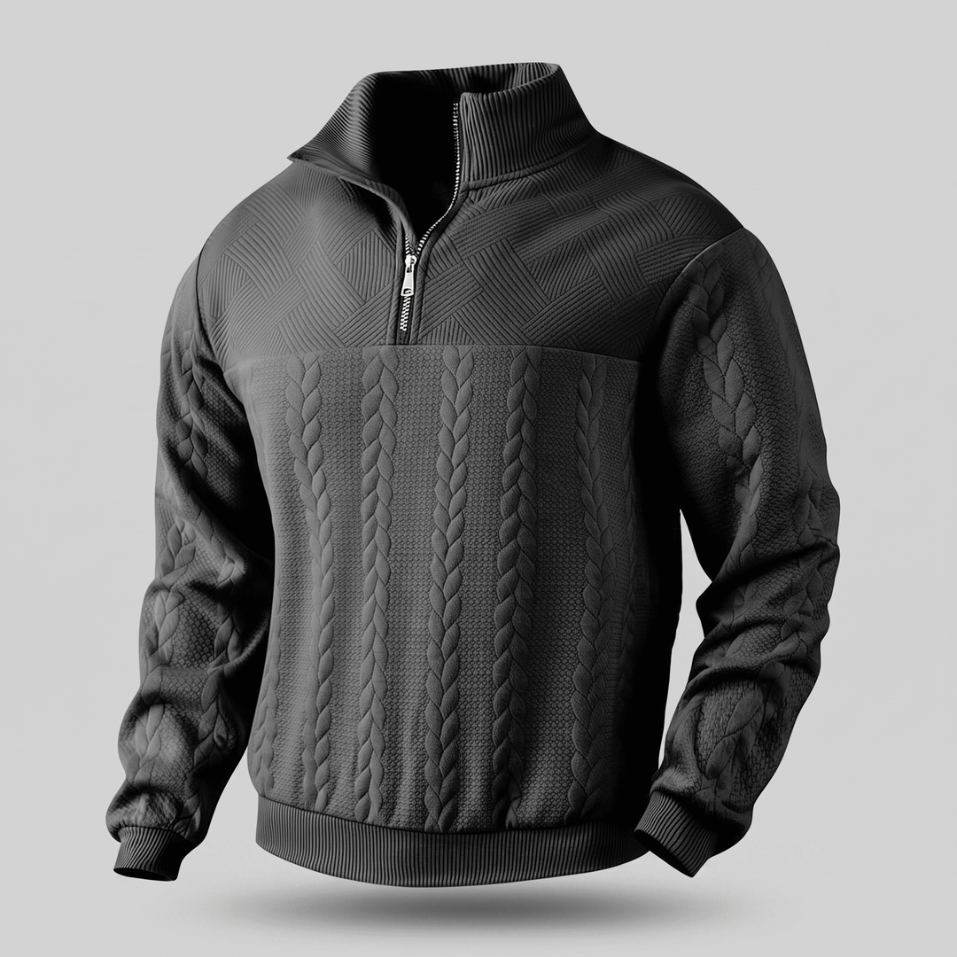 Dark charcoal quarter-zip cable knit sweatshirt with ribbed hem and cuffs