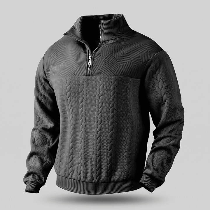 Dark charcoal quarter-zip cable knit sweatshirt with ribbed hem and cuffs