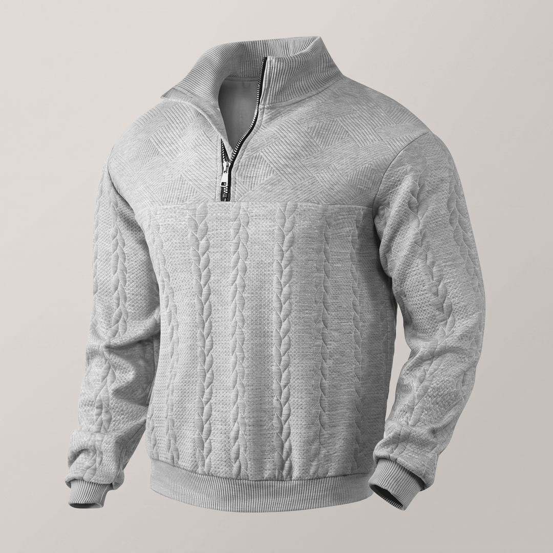 Light gray quarter-zip cable knit sweatshirt with ribbed cuffs and hem