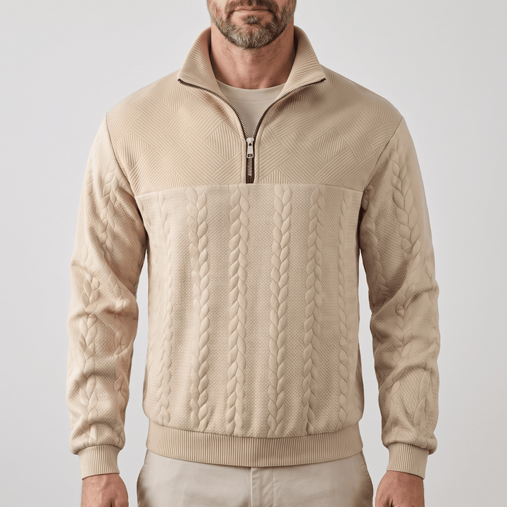 Beige quarter-zip cable knit sweatshirt with ribbed hem and cuffs
