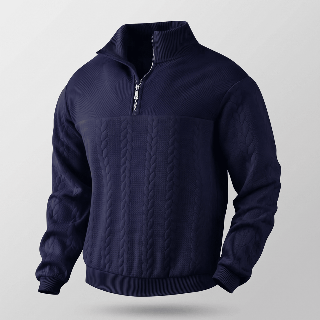 Navy quarter-zip cable knit sweatshirt with ribbed cuffs and hem