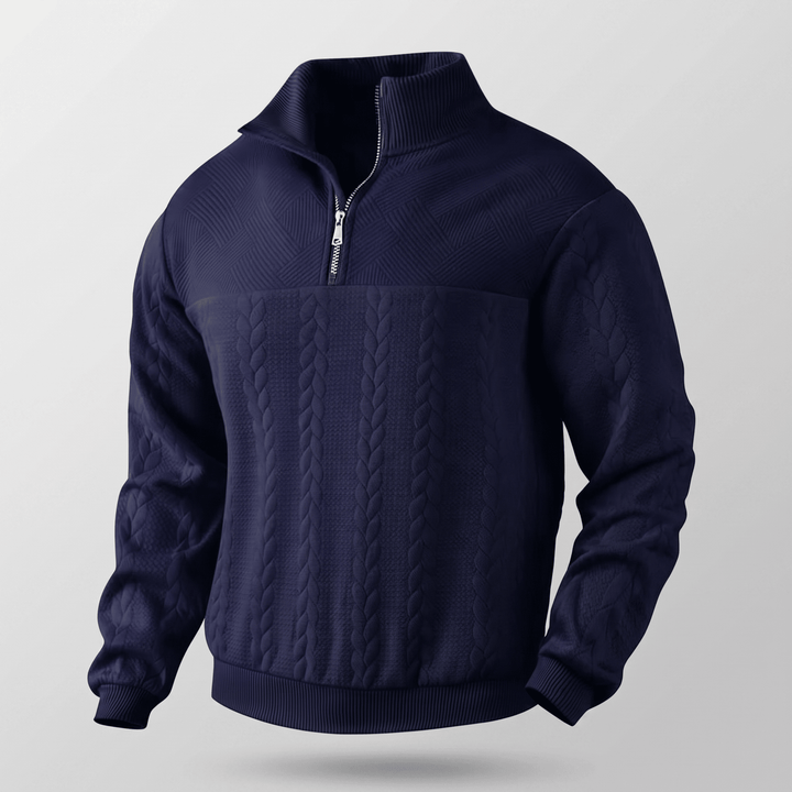 Navy quarter-zip cable knit sweatshirt with ribbed cuffs and hem