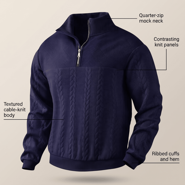 Navy quarter-zip cable knit sweatshirt with textured knit body and ribbed cuffs