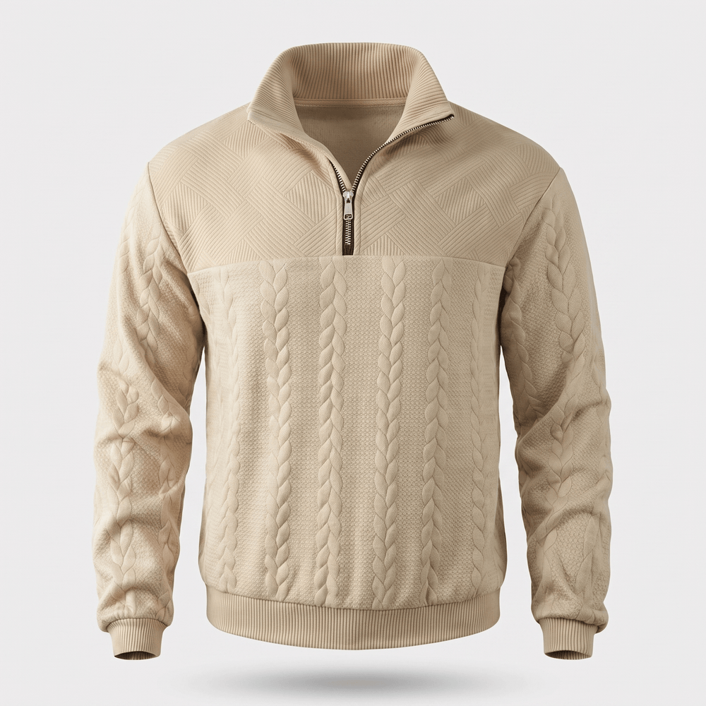 Beige quarter-zip cable knit sweatshirt with stand collar and ribbed hem