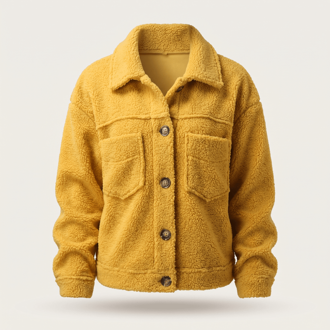 Soft winter coat in mustard yellow fleece, button front, point collar, two chest pockets