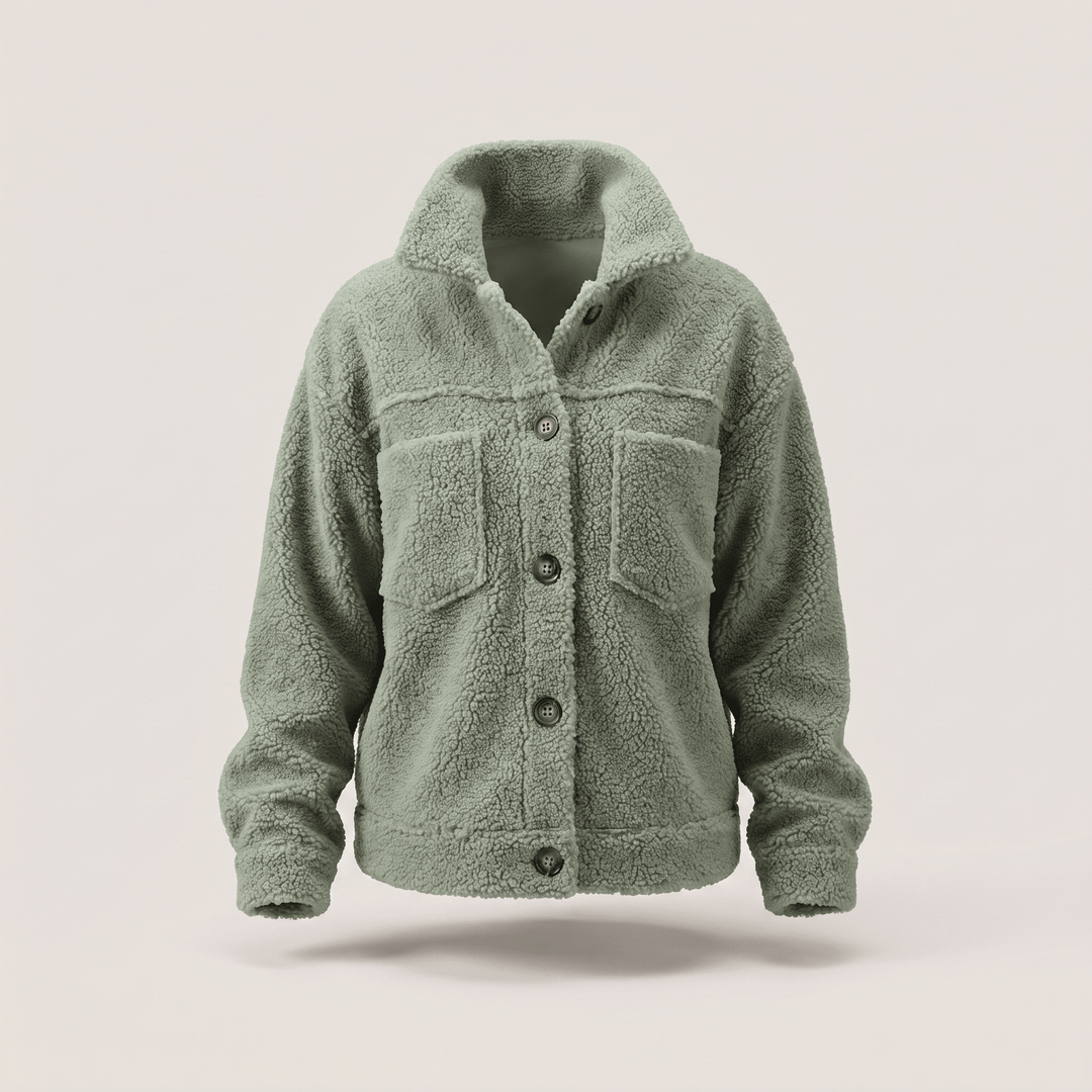 Soft winter coat in sage green fleece texture, button front, hooded collar, two chest pockets