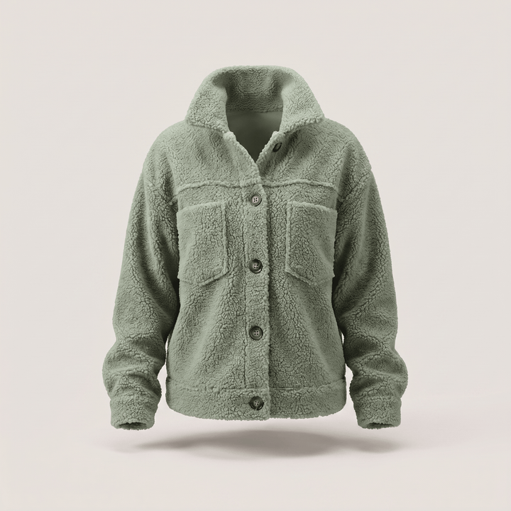 Soft winter coat in sage green fleece texture, button front, hooded collar, two chest pockets