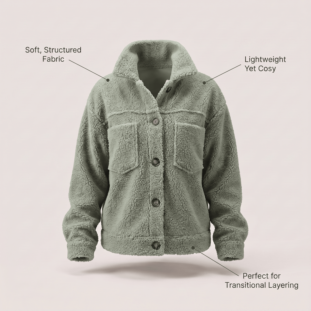 Sage green fleece winter coat with hood, button front, two chest pockets, long sleeves