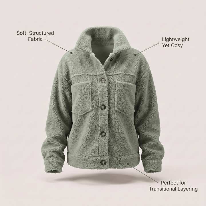 Sage green fleece winter coat with hood, button front, two chest pockets, long sleeves